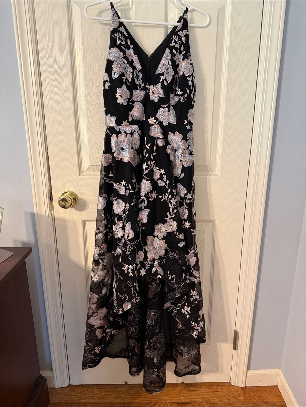 Xscape Black Dress with Silver and Blush Floral Embroidery